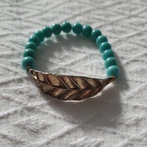 Vintage Chrome Gold and Turquoise Beaded Leaf Bracelet